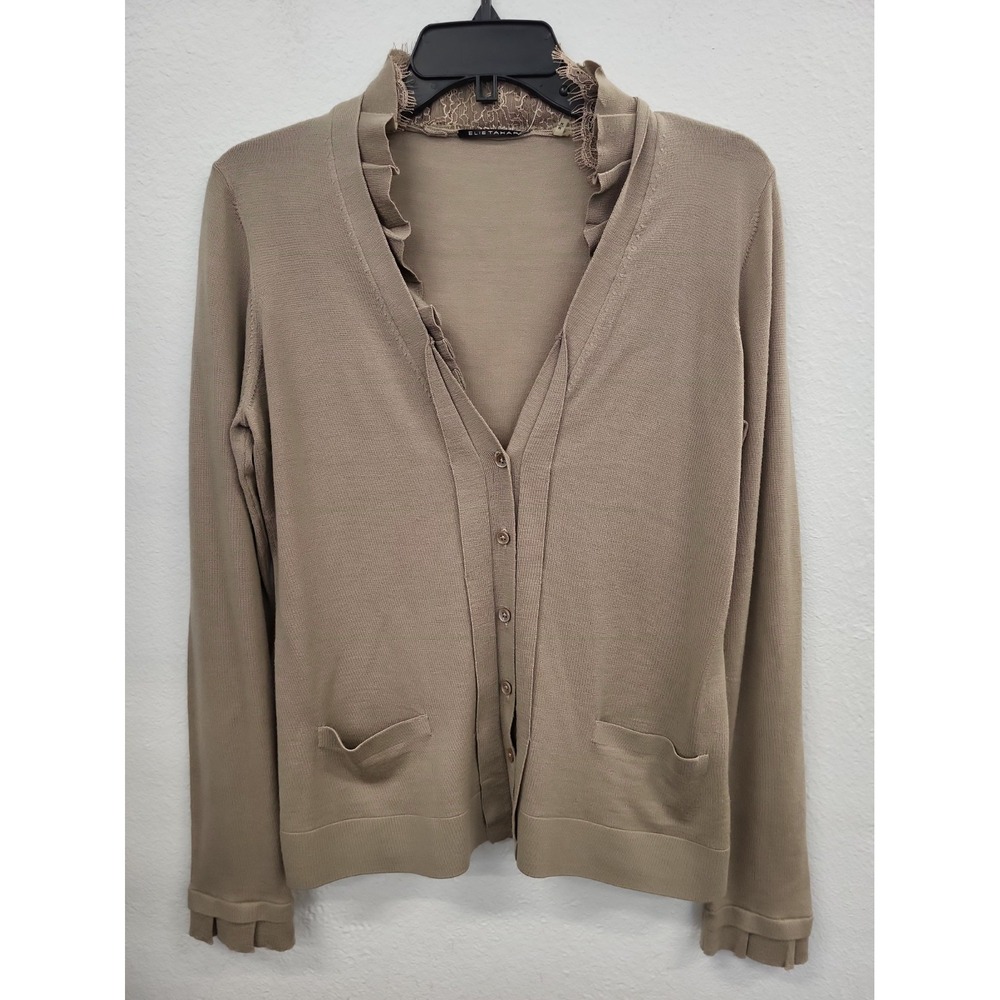 Elie Tahari 100% Merino Wool Ruffle Collar Cardgian/Sweater, Khaki, Size Medium